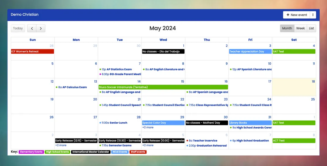 Snapshot of the Calendar tab in Mosaic displaying the May 2024 calendar for a Demo school.