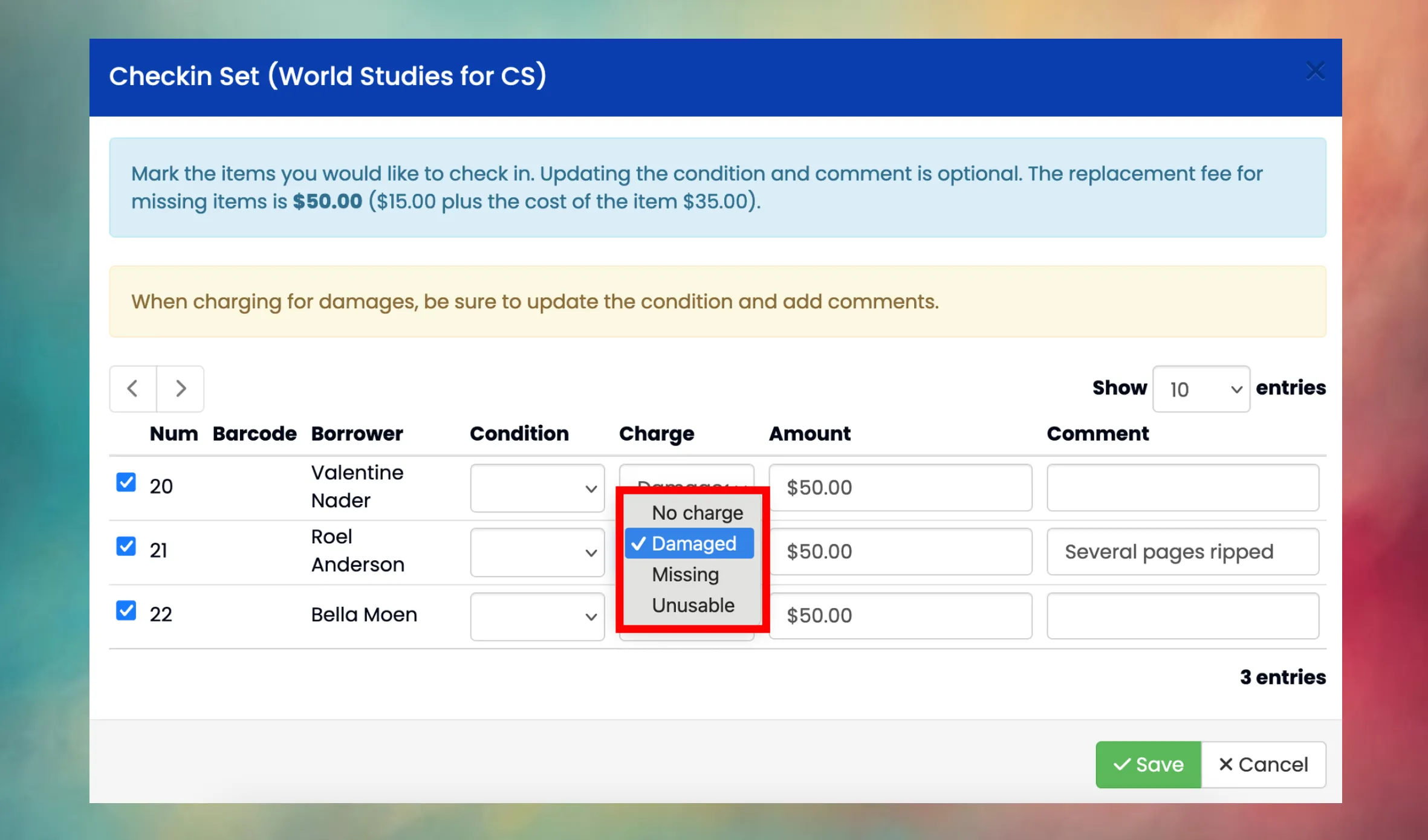 Snapshot of the checkin screen showing the Charge dropdown with options: No charge, Damaged, Missing, and Unusable.