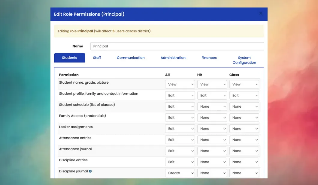 Snapshot from Mosaic of default permissions for the Principal role within the Edit Role Permissions screen.