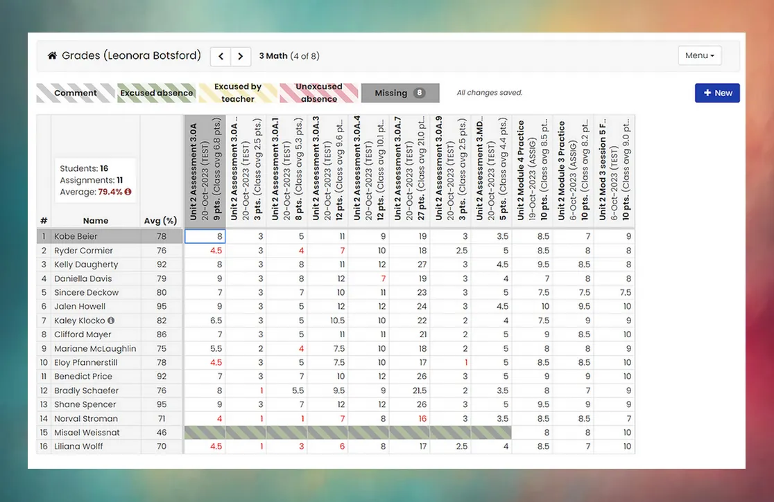 Snapshot of the Grades tab in Mosaic, displaying a grid of student names alongside their corresponding assignments grades.