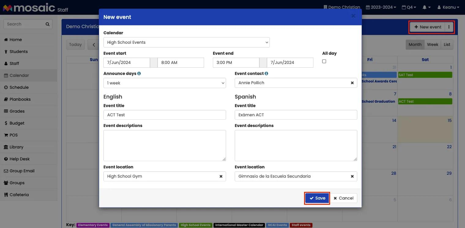 Snapshot of the New Event screen in Mosaic displaying the information required to add an event to a calendar.