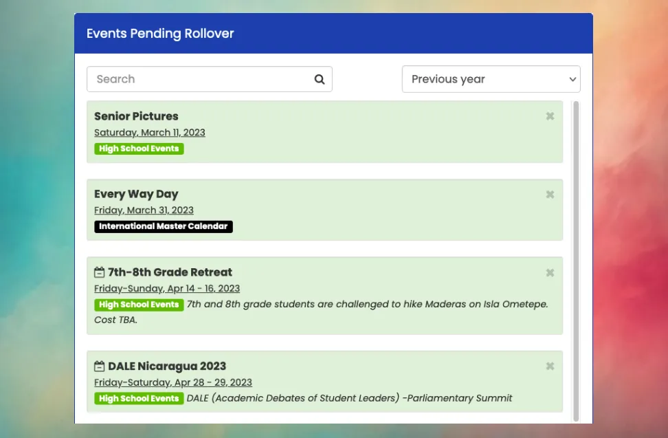 Snapshot of the Events Pending Rollover tab in Mosaic displaying past calendar events for a Demo school.