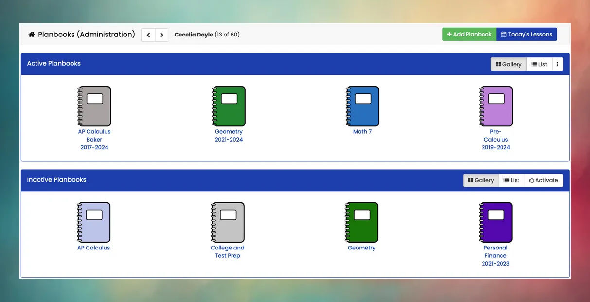 Snapshot of the PlanBooks tab in Mosaic, displaying a teacher is active and inactive lesson plan books for each of their classes.