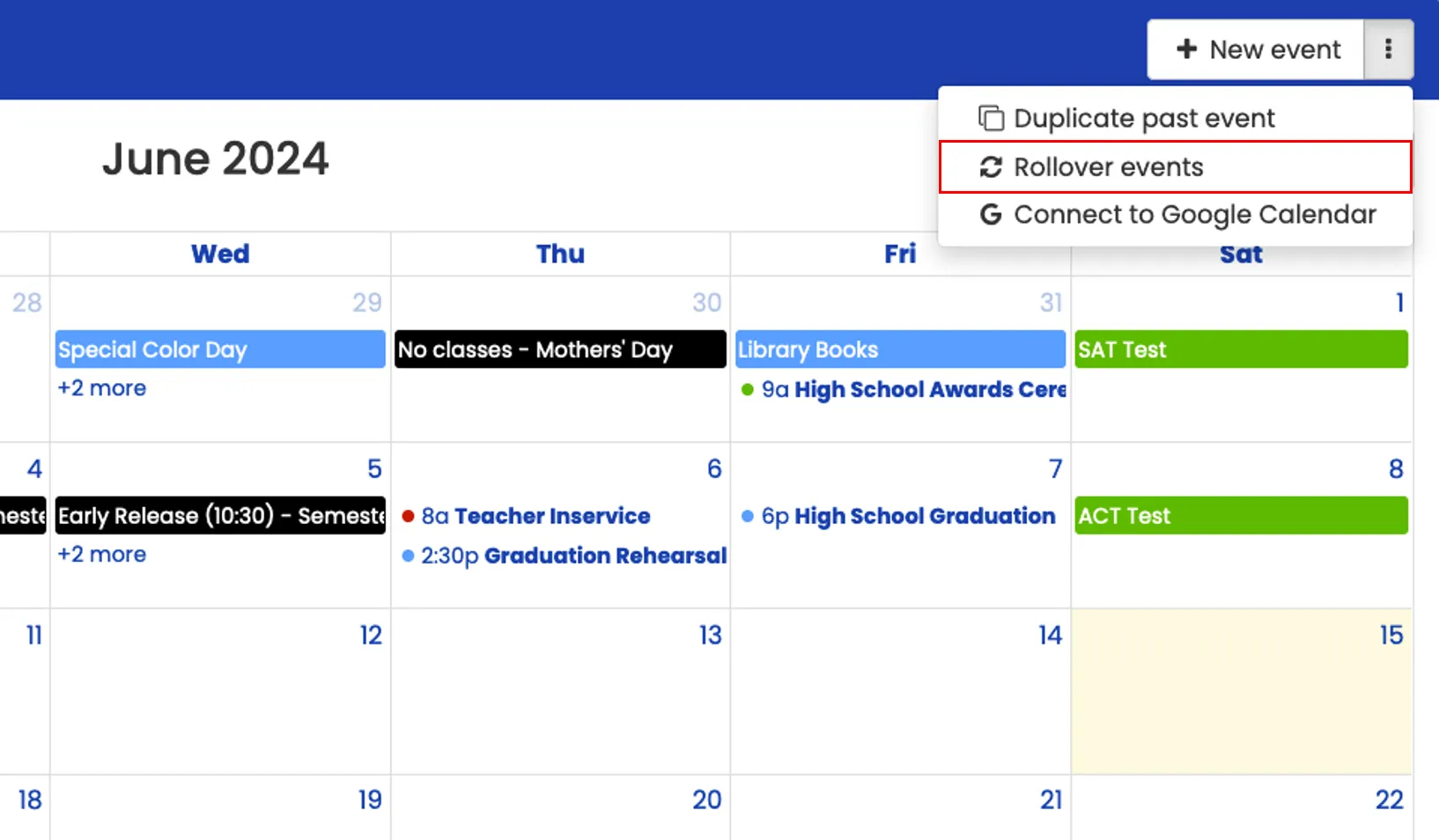 Snapshot of the Calendar tab in Mosaic displaying the dropdown to rollover prior events.