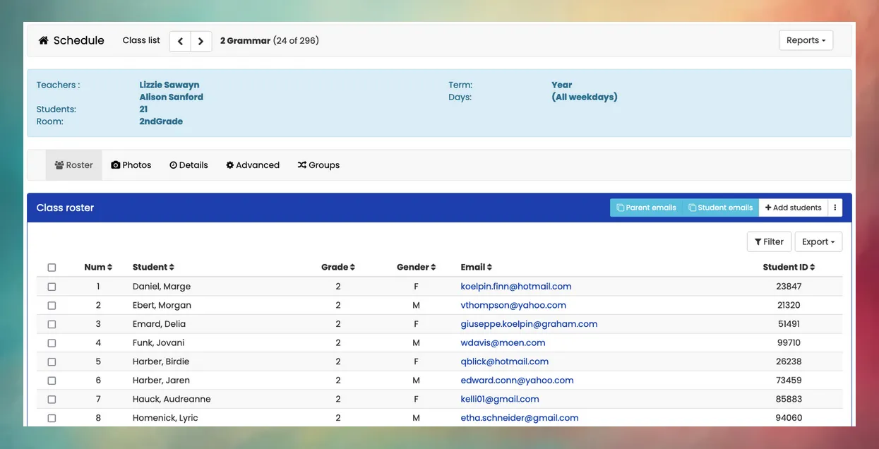Snapshot of the Schedule tab in Mosaic, displaying an example of a class roster.