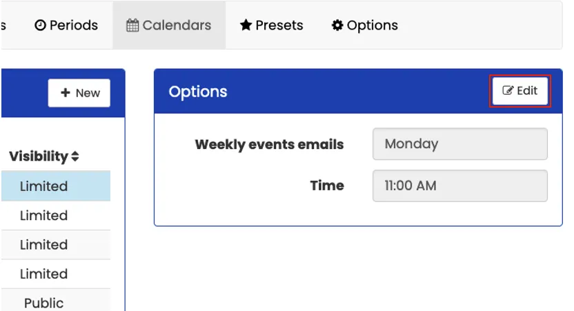 Snapshot of the Weekly Events Emails settings in Mosaic, highlighting the Edit button.